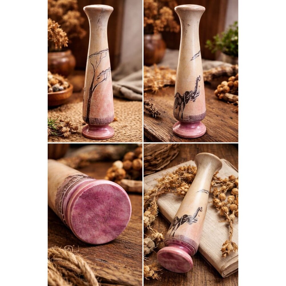 Hand-Carved Soapstone Vase w/ Elephant & Tree Motif | Pink & Beige | ~7"